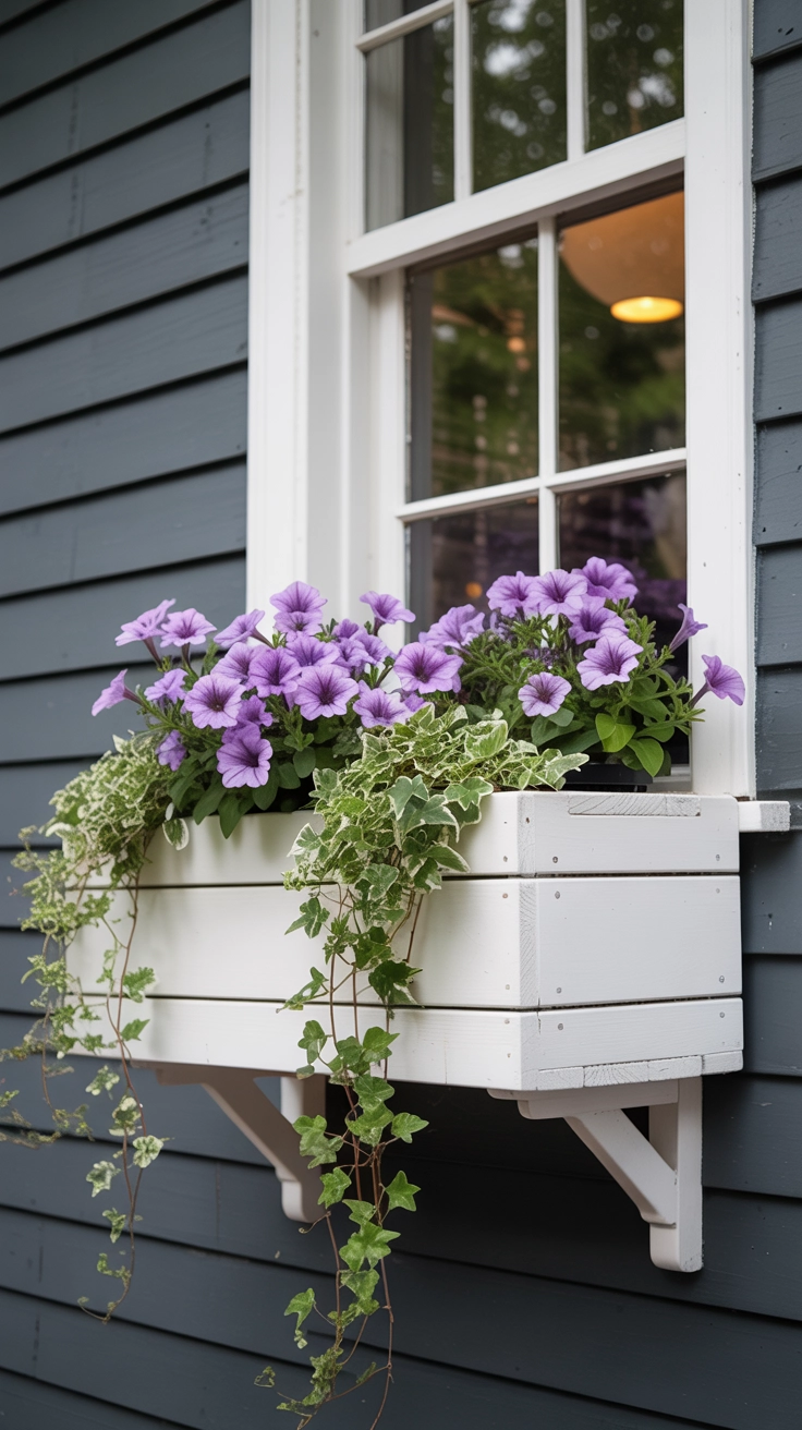 21 Best Front Yard Landscaping Ideas for a Beautiful Home 13 A white wooden window box attached to a grey house, overflowing with purple petunias and trailing green ivy.