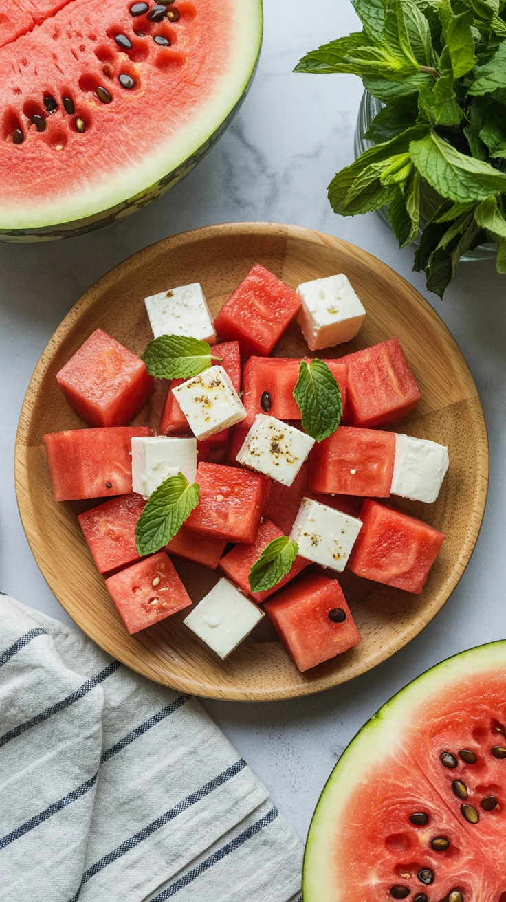 Sweet watermelon cubes with white feta cheese and green mint.