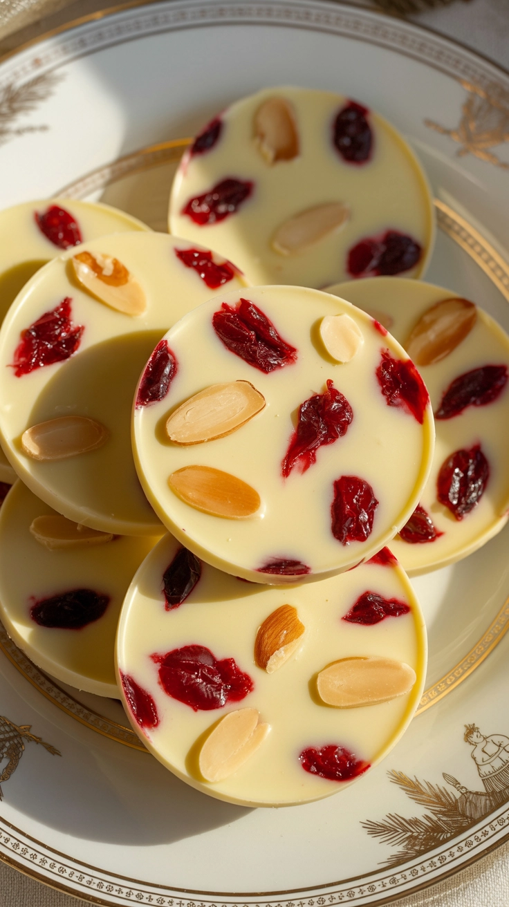 Festive white chocolate cranberry and almond medallions.