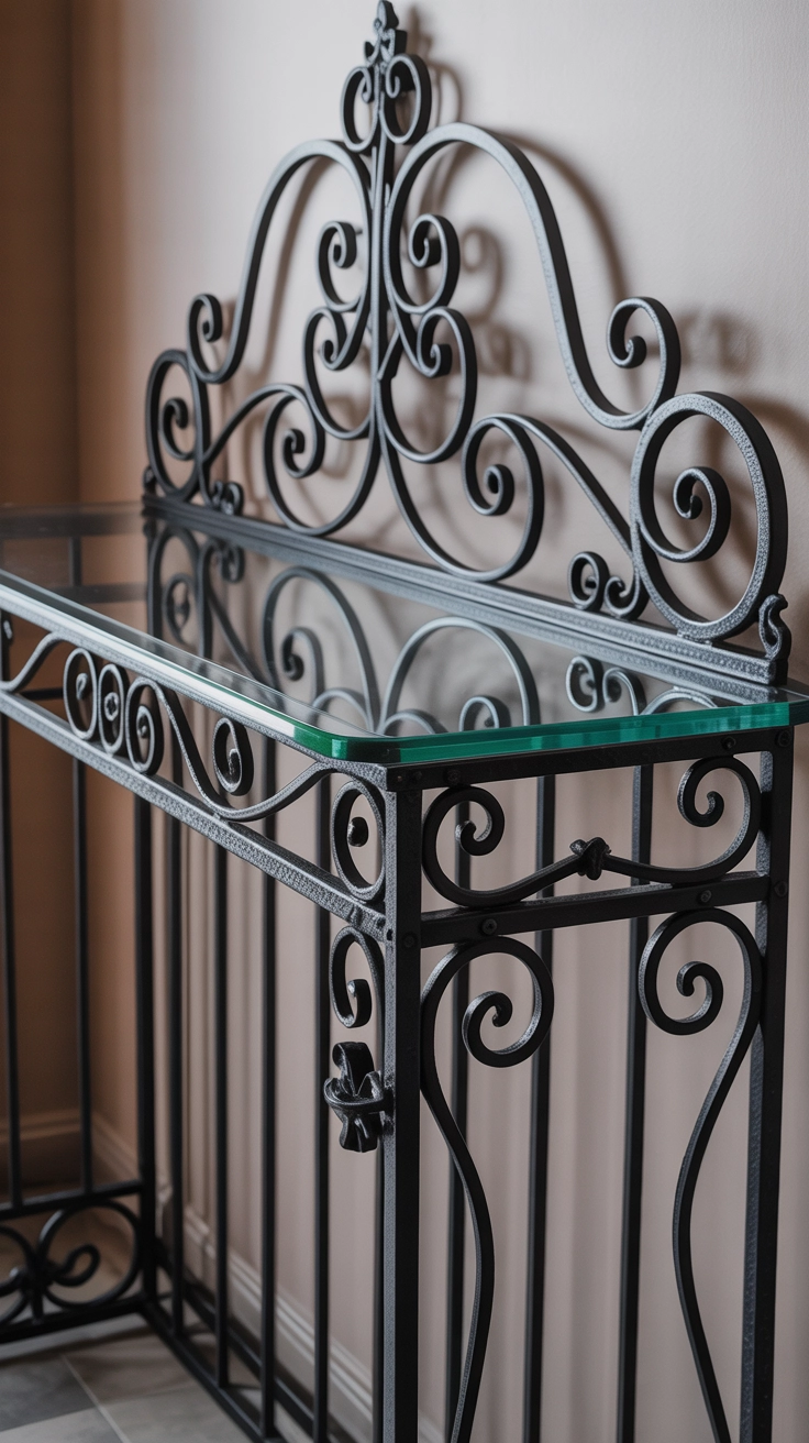 A table made from a black metal gate with a glass top.