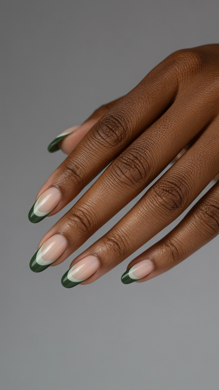 21 Double French Tip Nail Designs That Look So Trendy 11 Two-toned forest green and sage double French tips.