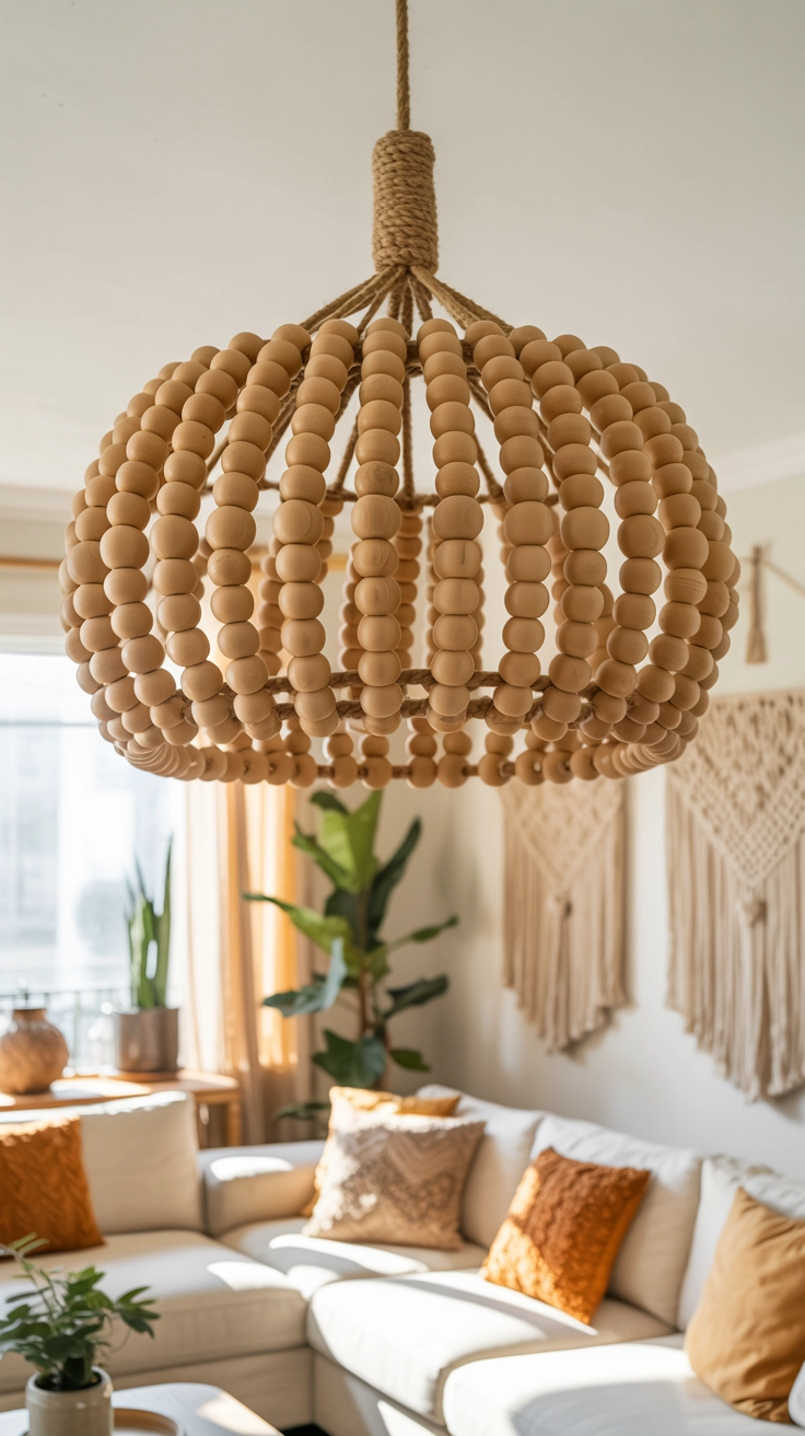 A light fixture made of wooden beads hanging from a ceiling.