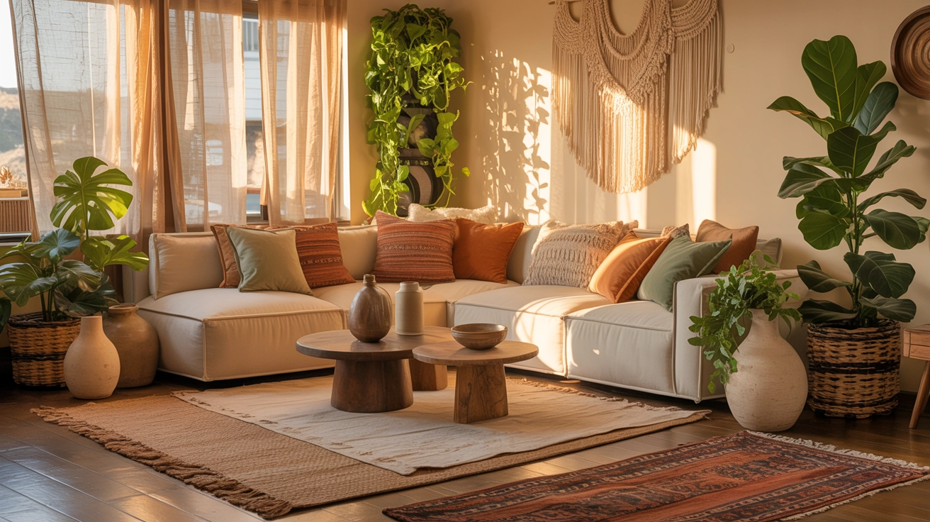 Bright boho living room ideas with layered rugs, plants, and neutral decor.