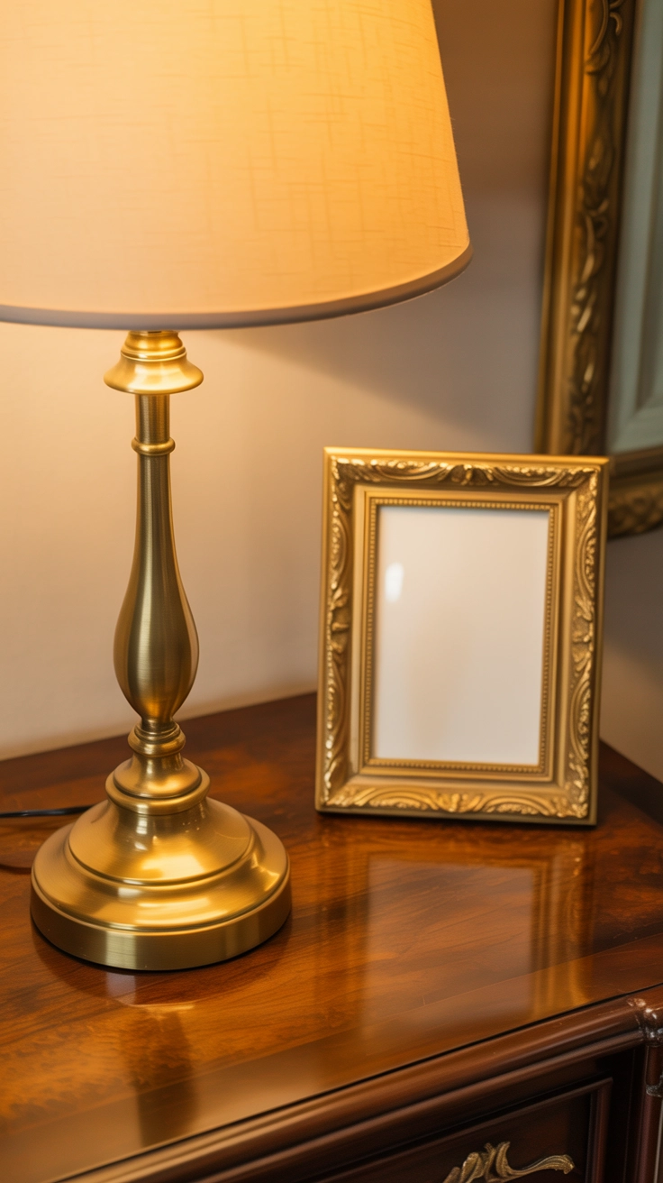 A brass lamp and gold frame on a wooden side table.
