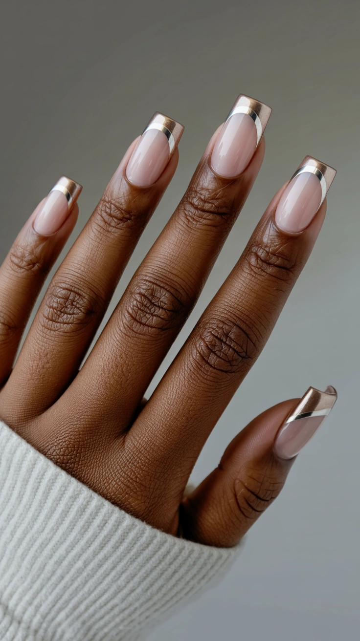 21 Double French Tip Nail Designs That Look So Trendy 19 Elegant champagne metallic double French tips.