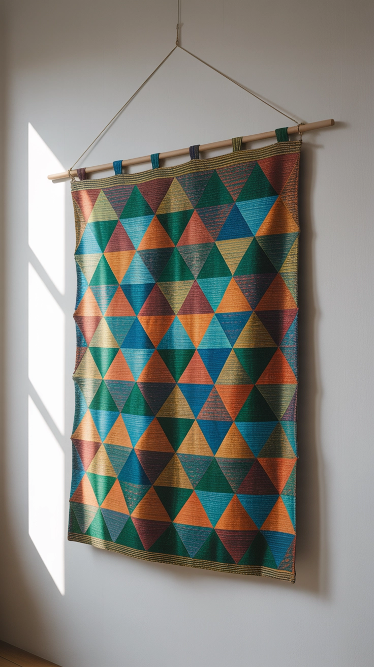 A large fabric tapestry with a colorful pattern hanging on a wall.