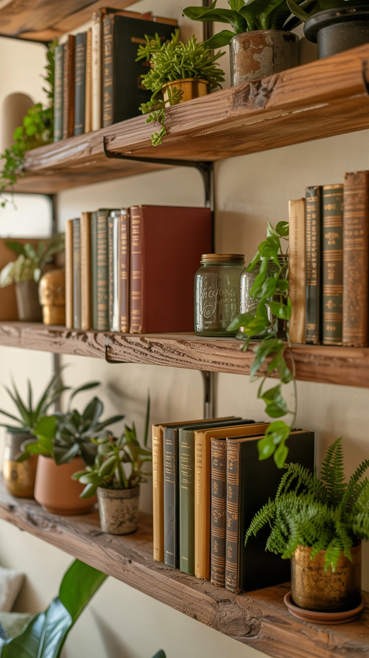 Open wooden shelves filled with various green plants and books.