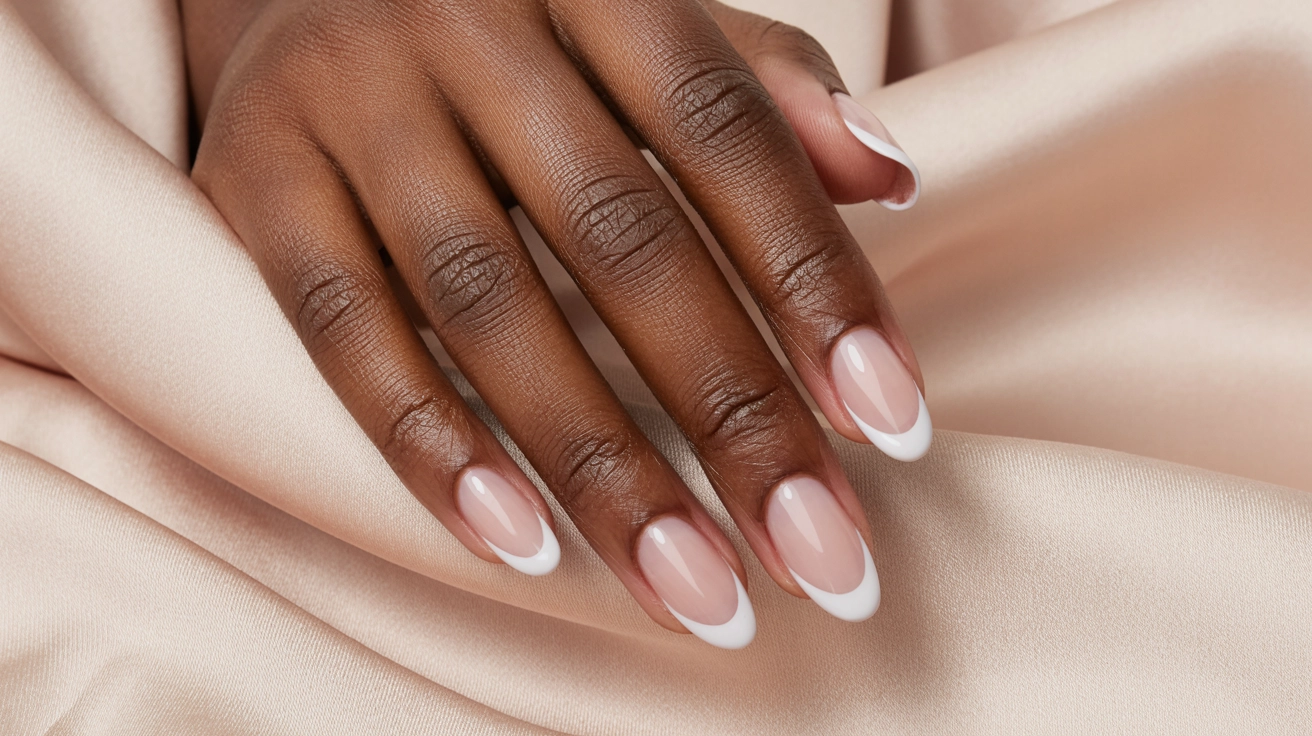 21 Double French Tip Nail Designs That Look So Trendy 1 A close-up view of a minimalist Double French Tip Nail Designs featuring clean white lines on an almond nail shape.