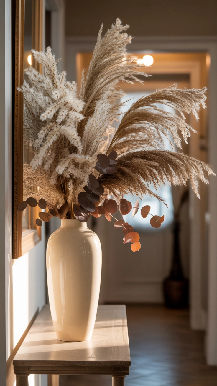 A vase with dried pampas grass on a wooden table.