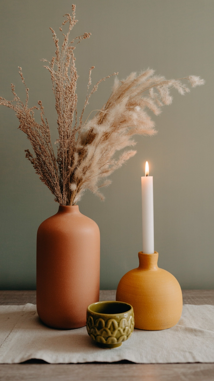 Terracotta, mustard yellow, and olive green ceramic decor accessories styled on a table runner.