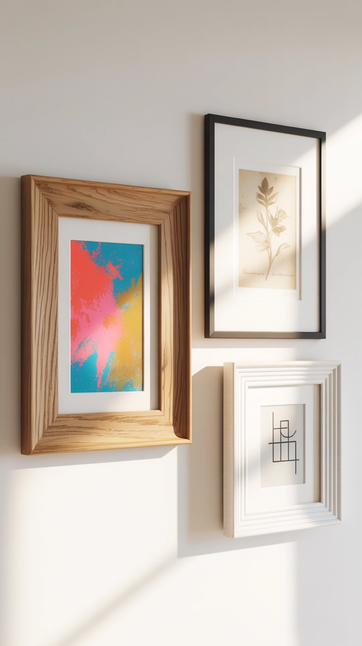 An eclectic gallery wall with three different frames displaying abstract and vintage art.