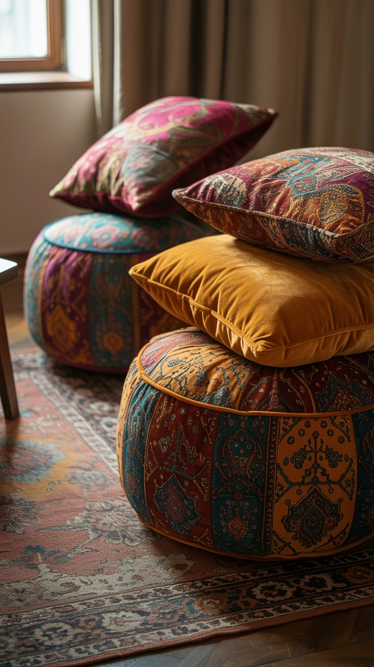 Colorful patterned floor poufs stacked in a cozy room corner.