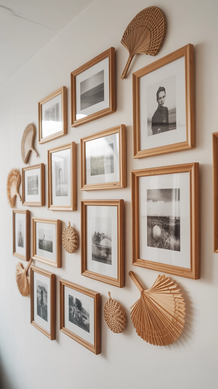 A gallery wall with various frames and woven decorations.