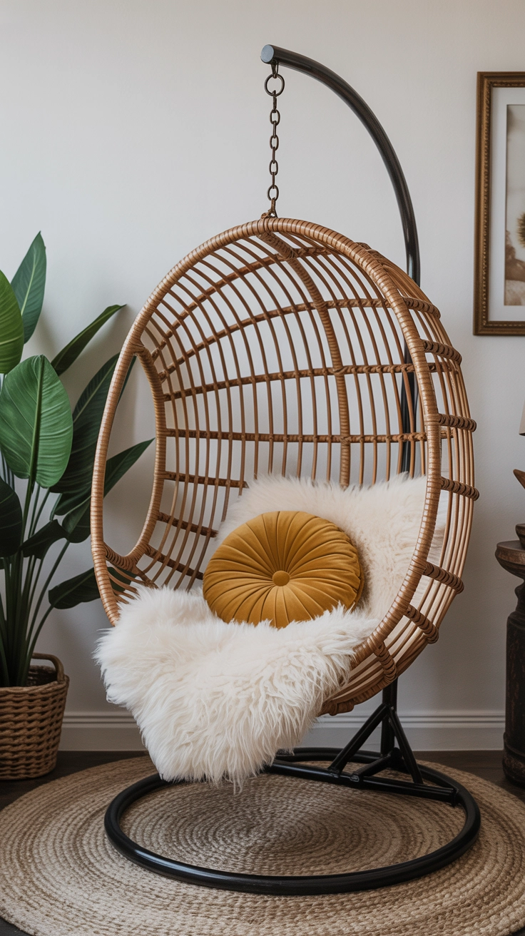 A hanging rattan egg chair with a white rug and yellow pillow.