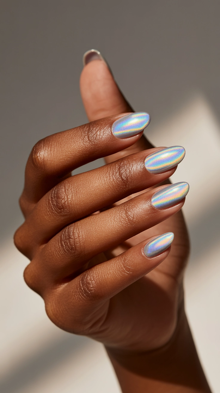 21 Double French Tip Nail Designs That Look So Trendy 18 Color-shifting holographic double French tips in sunlight.