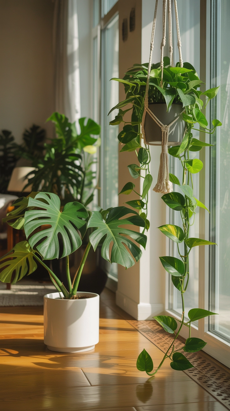 A large monstera plant on the floor and a trailing pothos plant on a high wooden shelf.