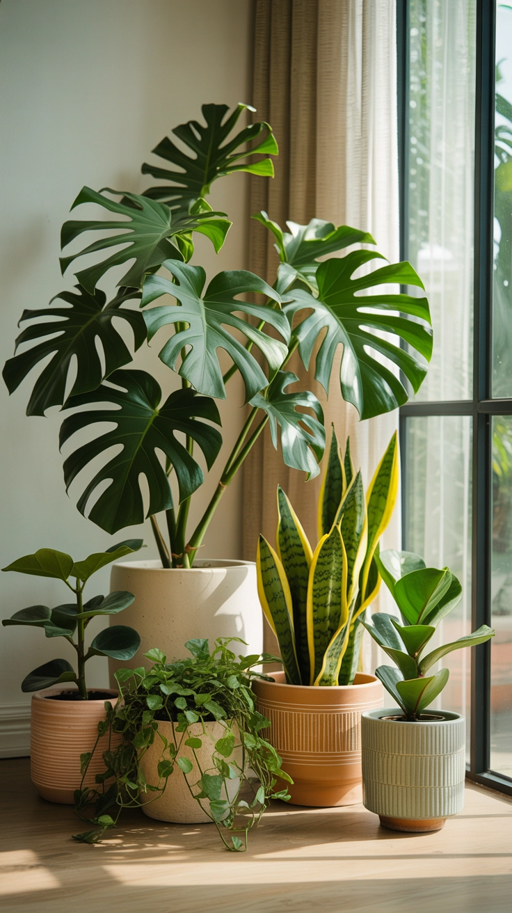 A group of green indoor plants in ceramic pots near a window.