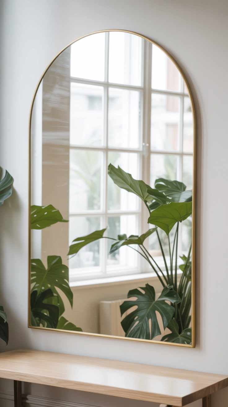 A large arched brass mirror reflecting a bright window and green houseplants in a room.
