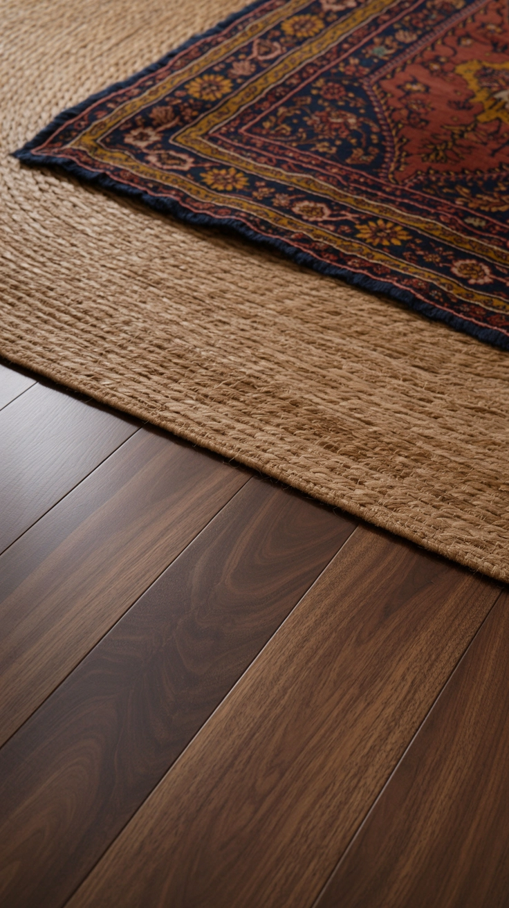A vintage patterned rug layered over a natural jute rug on a wood floor.
