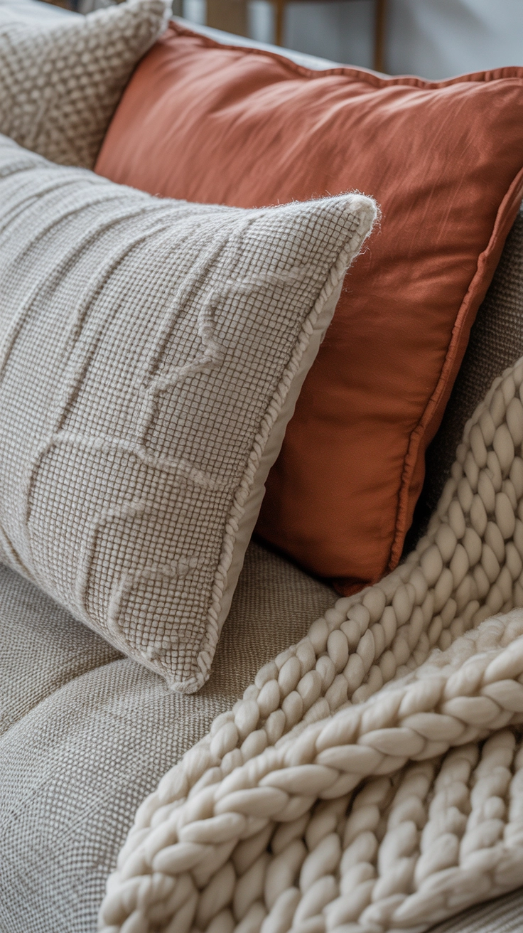 Close-up of textured boucle and terracotta linen pillows with a chunky knit blanket on a sofa.