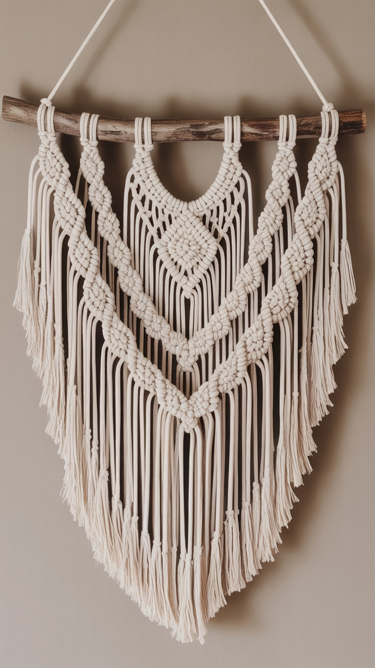 A detailed cream macrame wall hanging hanging from a wooden branch against a beige wall.