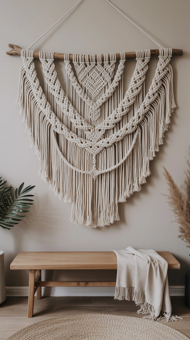 A large white woven macrame wall art piece on a plain wall.