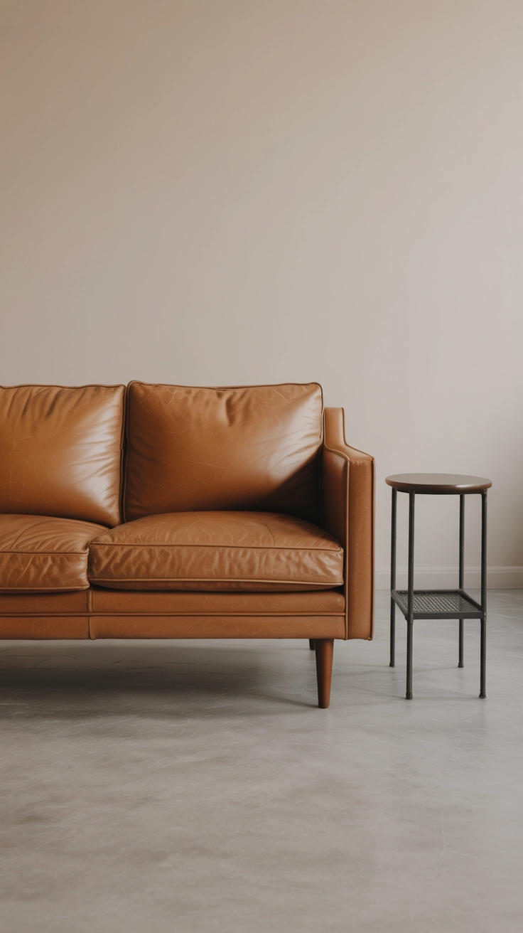 A sleek tan leather sofa with clean lines and wooden legs against a neutral background.
