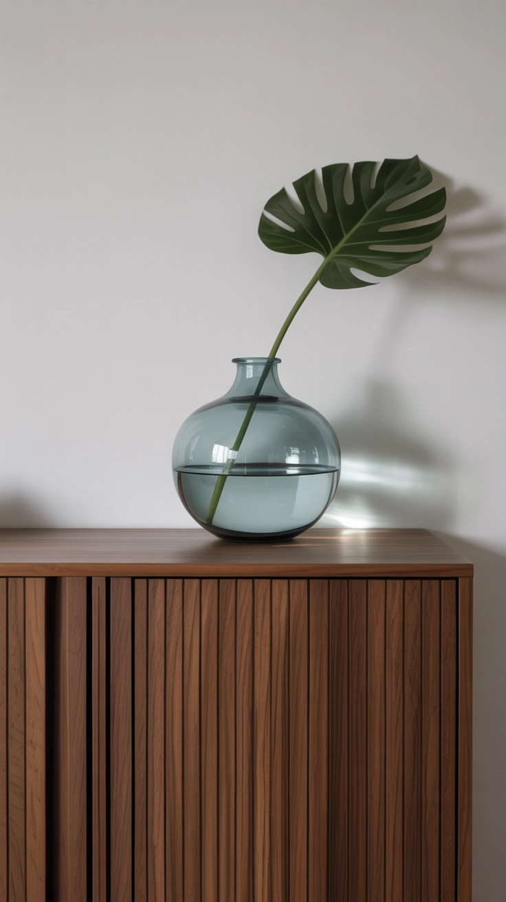 A clean and minimalist wooden sideboard cabinet with closed doors and a single vase on top.
