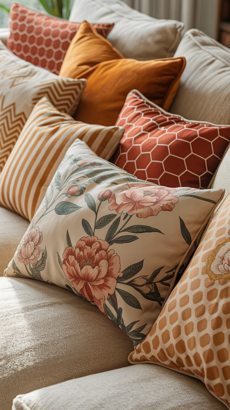 A variety of colorful patterned pillows arranged on a neutral sofa.