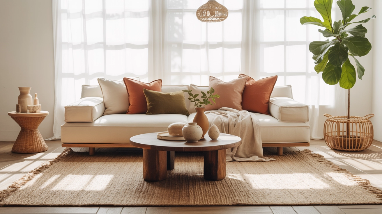 A bright and airy modern boho living room with a cream sofa, colorful earth-toned pillows, a jute rug, and a tall green houseplant showcasing Modern Boho Decor Ideas.