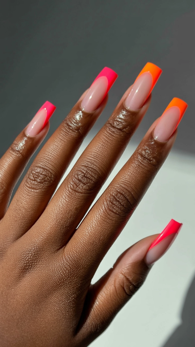 21 Double French Tip Nail Designs That Look So Trendy 10 Bright neon pink and tangerine orange double French tips.