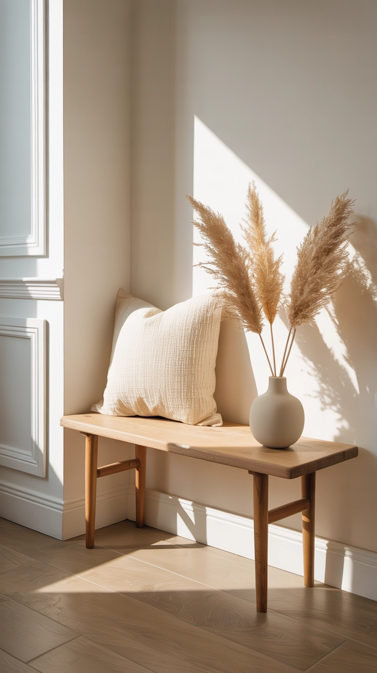 A warm white wall in a modern home with a simple wooden bench and a vase of dried pampas grass.