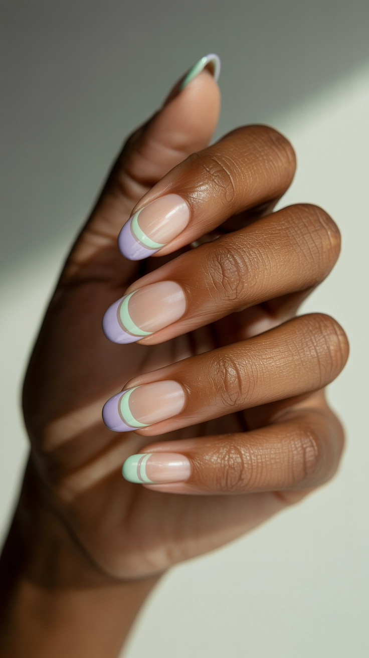 21 Double French Tip Nail Designs That Look So Trendy 9 Playful pastel rainbow double French tips on almond nails.