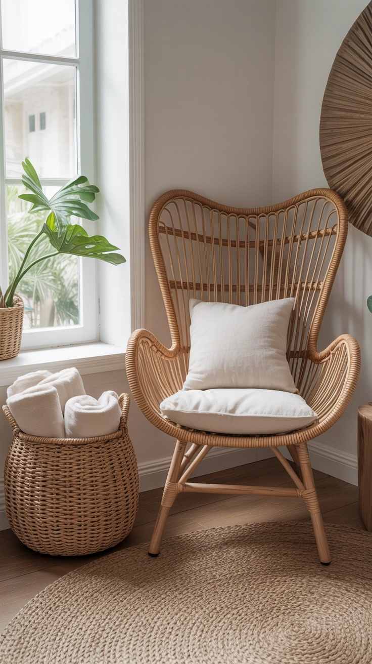 A natural rattan accent chair next to a woven seagrass storage basket filled with white blankets.