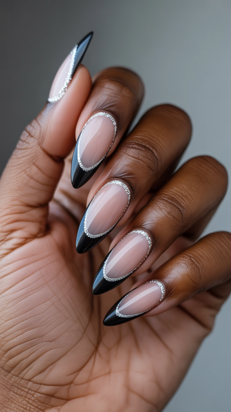 21 Double French Tip Nail Designs That Look So Trendy 16 Sparkling silver glitter and solid black double French tips.