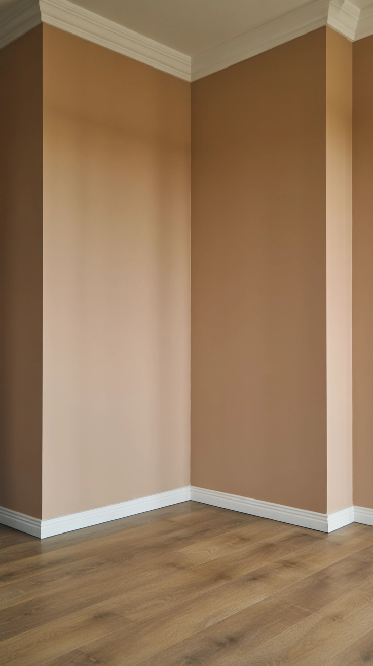 An empty corner of a living room with warm beige matte walls and light oak wood floors.