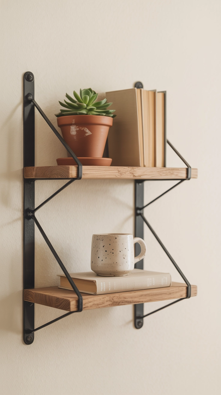 Floating wooden shelves styled neatly with a succulent, neutral books, and a speckled ceramic mug.