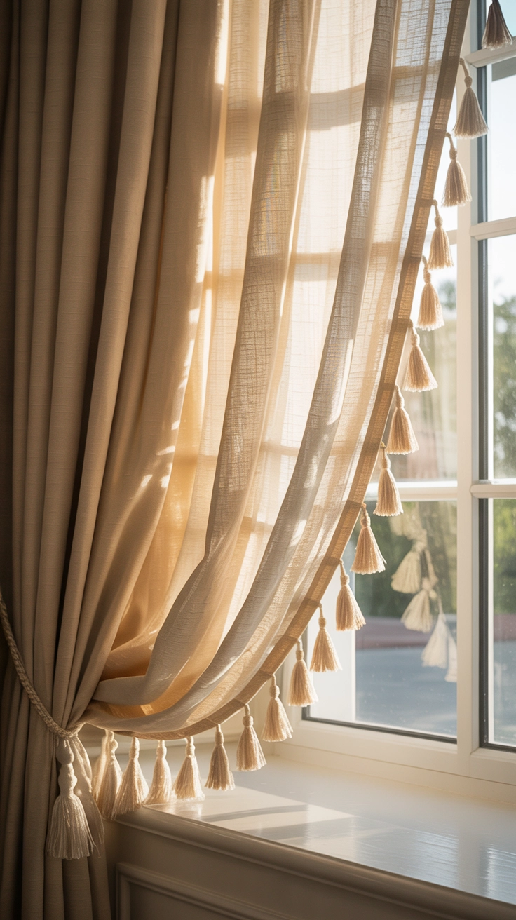 Cream linen curtains with tassels hanging in a sunny window.