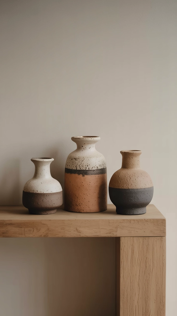 Three small textured ceramic vases in earth tones arranged on a wooden mantle.