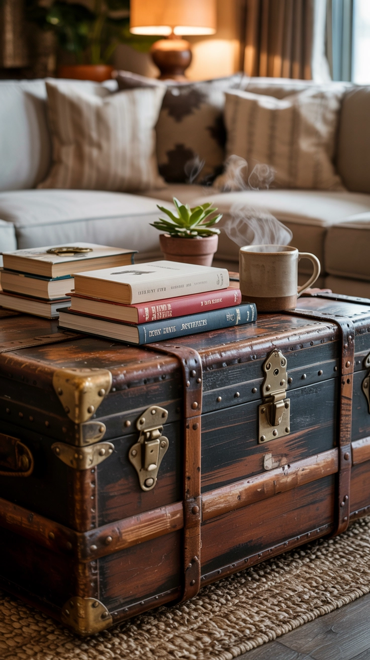 A vintage wooden trunk used as a coffee table in a boho living room.