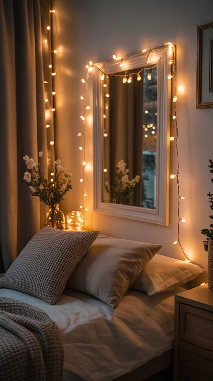Glowing string lights hanging on a wall in a cozy room.