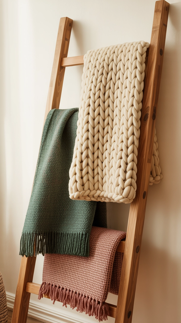 A wooden ladder holding colorful fringed blankets against a wall.