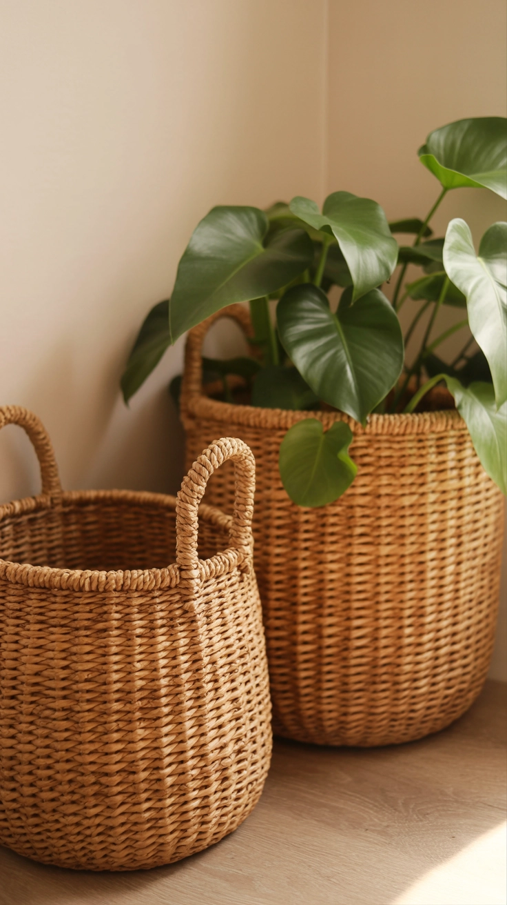 Two woven seagrass baskets on a wooden floor used for storage and plants.
