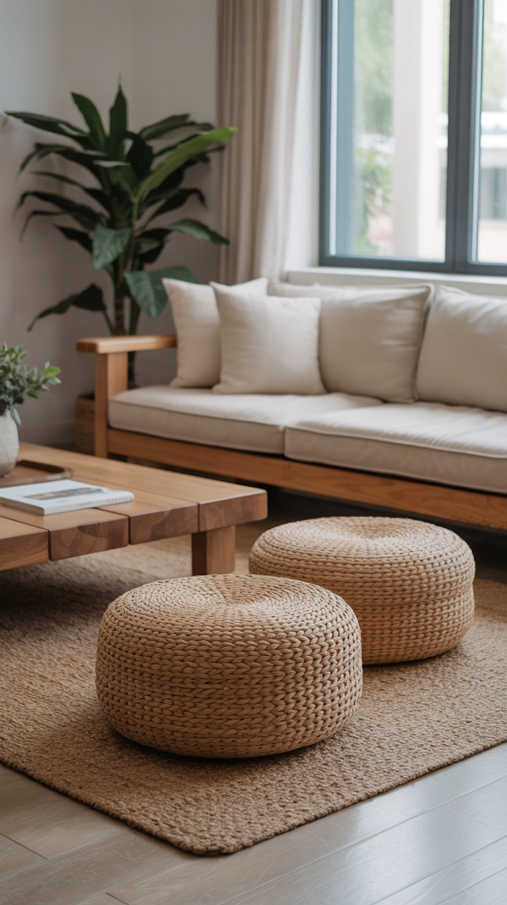 Two round woven jute poufs sitting on a hardwood floor next to a low coffee table.