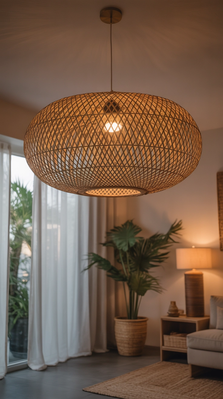 A large round woven bamboo pendant light hanging from the ceiling casting warm light.