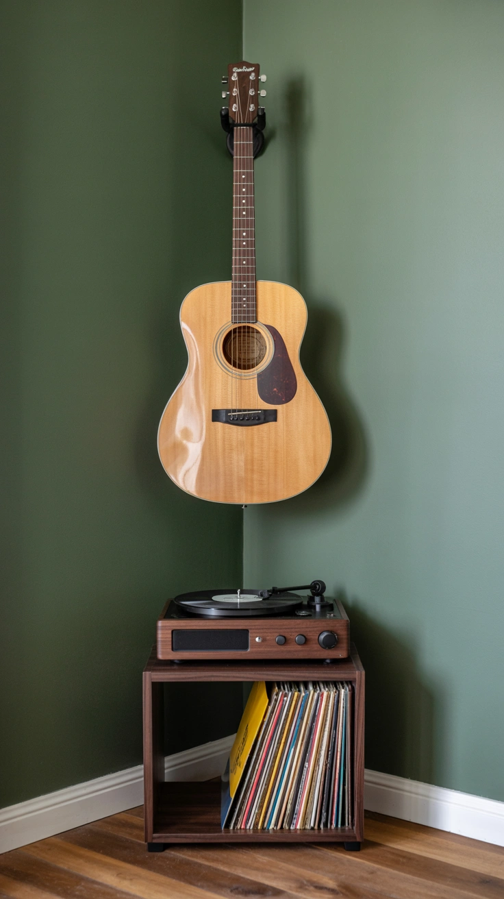 21 Amazing Cozy Corner Decorating Ideas for Small Homes 21 An acoustic guitar mounted on a corner wall above a small walnut record player cabinet holding a stack of vinyl records.