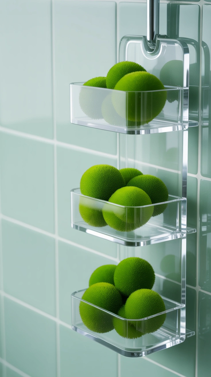 A clear acrylic shower caddy hanging on a wall holding small glass dishes filled with bright green marimo moss balls.