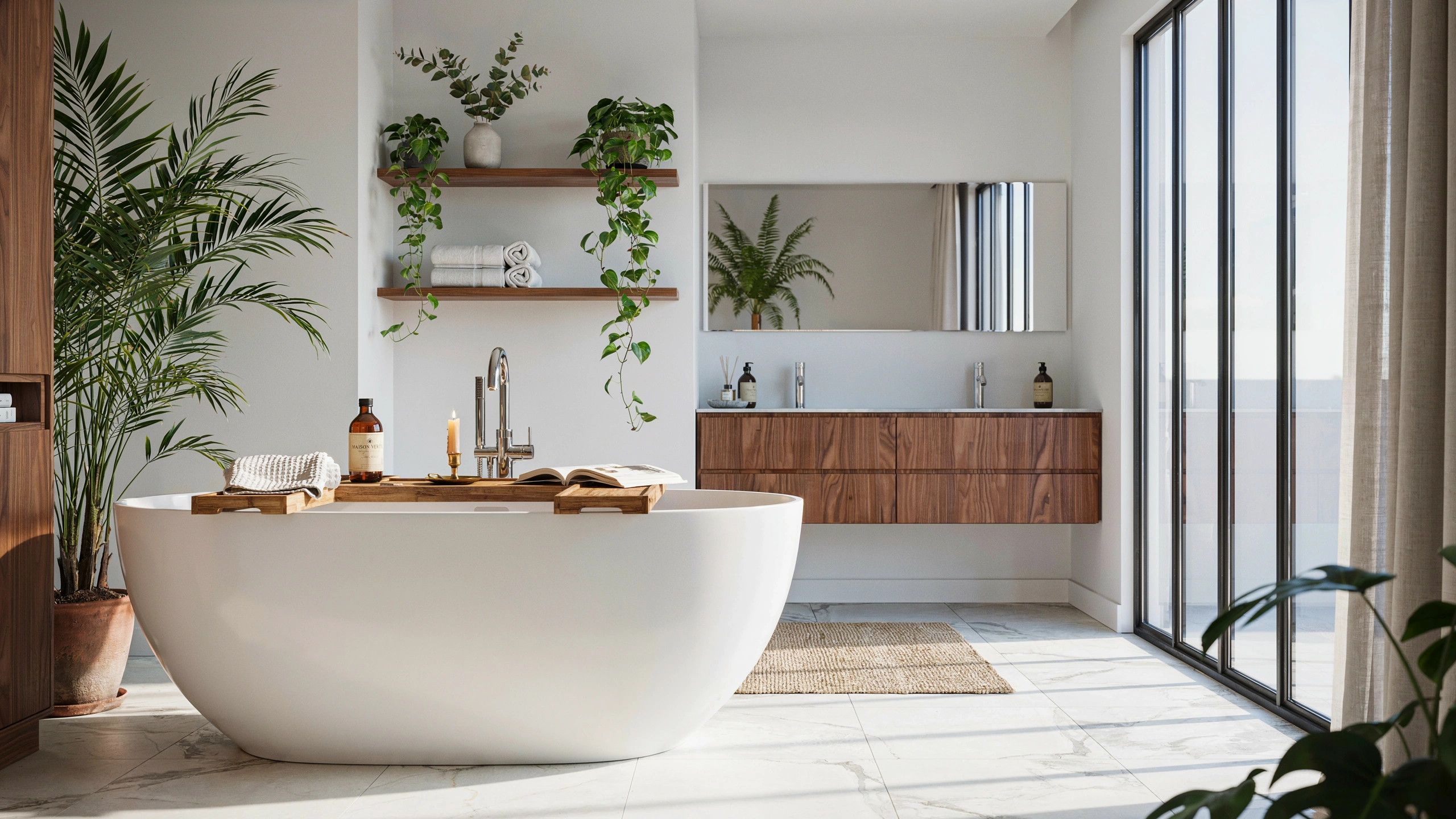 A close-up view of a matte black shower head with a fresh bunch of green eucalyptus branches tied neatly with twine, surrounded by clean white vertical tiles.
