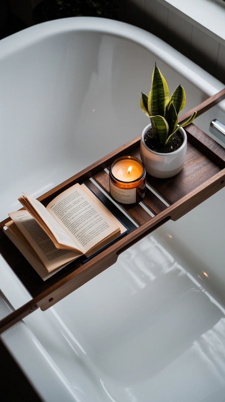 A wooden bathtub caddy tray across a white soaking tub holding a book, a lit candle, and a small potted snake plant.