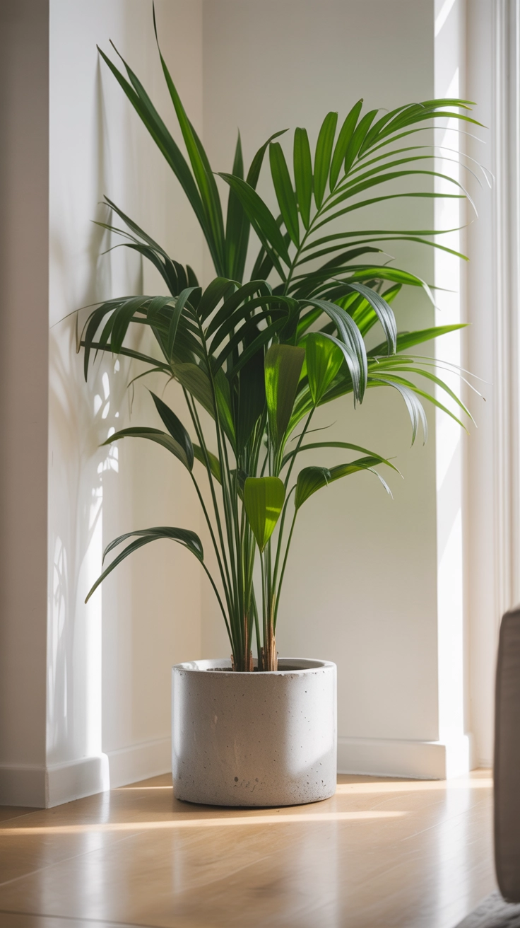 A large vibrant green paradise palm plant in a concrete pot in a minimalist room corner.